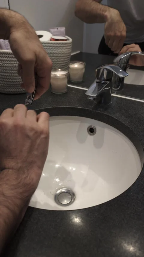 Man cutting fingernails with nail clipper over bathroom sink Video stock 335637337