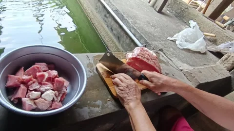 Man Cutting Fresh Beef by the Fish Pond with Green Surroundings in Daylight Stock Footage 284510837
