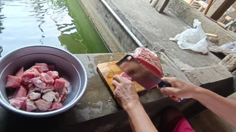 Man Cutting Fresh Beef by the Fish Pond with Green Surroundings in Daylight Stock Footage 287268476