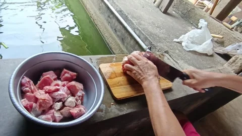 Man Cutting Fresh Beef by the Fish Pond with Green Surroundings in Daylight Stock Footage 287268483