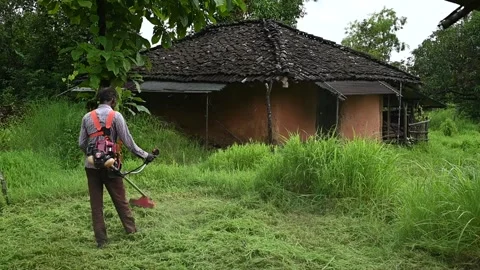 A man cutting grass with Grass Cutting Machine Stock Footage 251875130