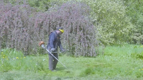 Man is cutting grass in the park. Cutting grass in garden with the trimmer. Stock Footage 75802777