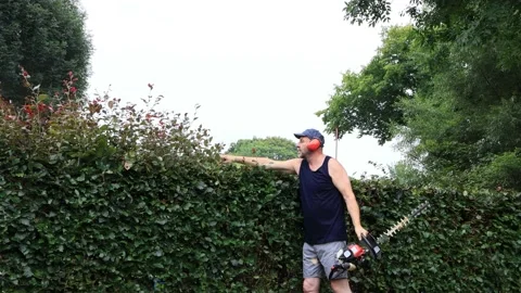 Man cutting hedge with engine trimmer, gardening Stock Footage 226806620