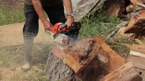 Man cutting log with chainsaw Stock Footage 59120741
