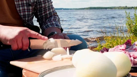 Man cutting onion for barbecue by river, outdoor cooking lifestyle, summer picni Stock Footage 332307652