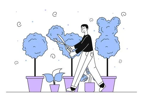 Man cutting plants vector linear Stock Illustration
