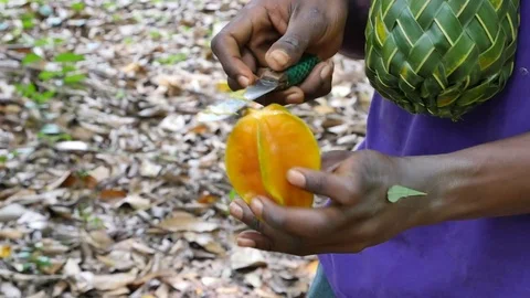 A man cutting a star fruit with a knife. Stock Footage 82007397