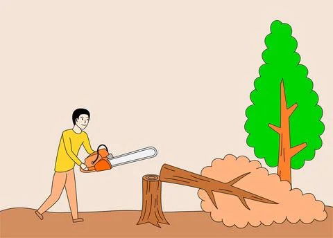 Man is cutting a tree with a chainsaw Stock Illustration
