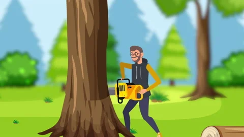 Man Cutting Trees in Green Forest Lumberman Video stock 219559098