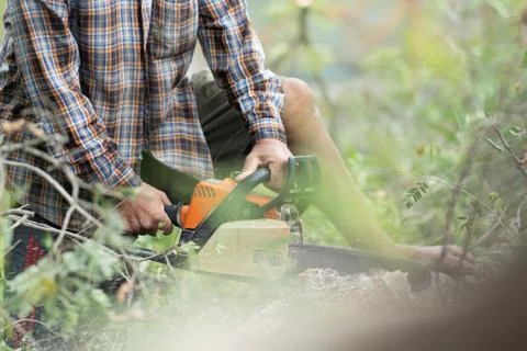 Man cutting trees using an electrical chainsaw and professional tools Stock Photos