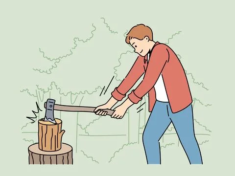 Man cutting wood in forest with axe Stock Illustration
