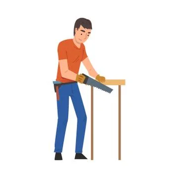 Man Cutting Wooden Plank Using Saw, Home Renovation, Male Construction Worker Illustrazione stock