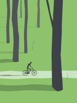 Man cycling through forest vector. Healthy active outdoor lifestyle for relax Stock Illustration