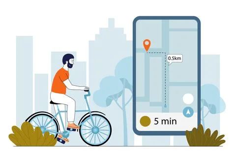 Man cycling using navigation app. Vector illustration Stock Illustration
