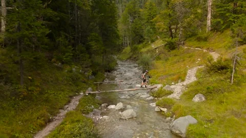 Man cyclist crossing mountain river on makeshift wooden bridge carrying bicycle Stock Footage 286226133