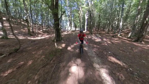 A man cyclist rides fast on a climb in the woods, vr360 effect Stock Footage 113056473