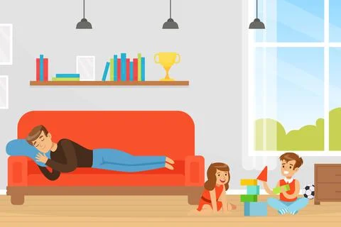 Man Dad Character Sleeping on Sofa with Kids Playing Toy Blocks on the Floor Ilustração Stock