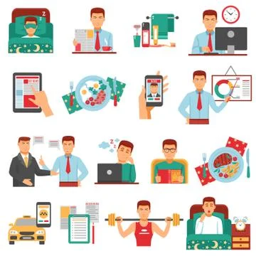 Man Daily Routine Icon Set Stock Illustration