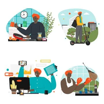 Man daily routine vector life and work scene Stock-Illustration