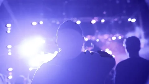 Man dance at cool rap hip hop concert. Blue neon light. Cheering music festival. Stock Footage 303482683