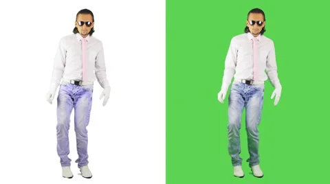 Man dancing creative plastic dance, full length white gloves and a green backgro Stock Footage 41587274