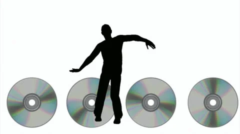 Man dancing silhouette with scrolling compact discs Stock Footage