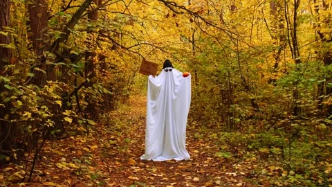 Man dancing wearing ghost costume holding cardboard with text TAKE ME TO Stock Footage 280941627