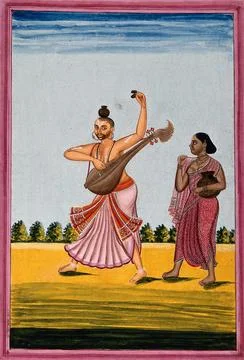 A man dancing while playing a string instrument and castanets, with a stand.. Illustrazione stock