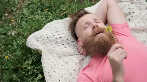 Man with dandelion lying in meadow on grass, sneezing from allergies to flowers Stock Footage 131304886