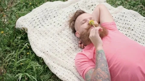 Man with dandelion is lying in meadow on grass,good mood,sunny summer weather Stock Footage 131304730
