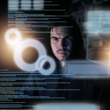 Man, dark and data overlay with hacker, criminal programmer and information or Foto stock