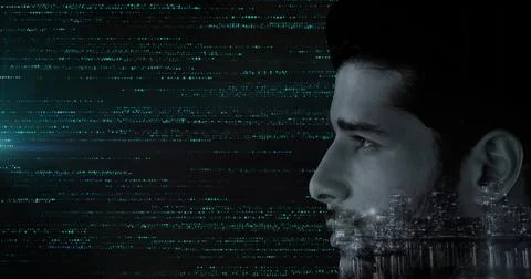 Man in dark jacket gazing left in studio with teal data lines, doubleexposed 写真素材