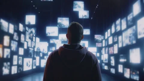 Man In Dark Room Surrounded By Floating Digital Screens Future Technology Stock Footage 292287829