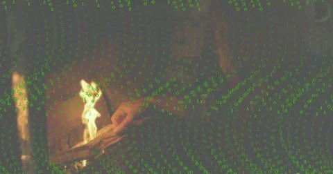 Man in dark top using glowing tablet in dark room, green digits and flame, copy Foto stock