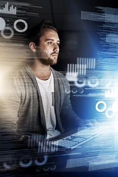 Man, data and night with digital overlay or hologram for future development Stock Photos