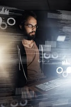 Man, data and night with overlay on computer for future development, analytics 스톡 사진