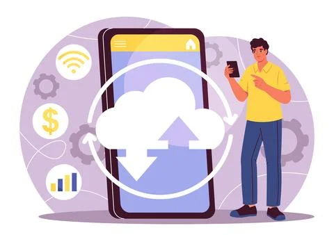 Man with data exchange. Young guy near huge smartphone with cloud storage Stock Illustration
