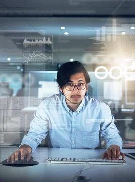 Man, data scientist and portrait with code, typing and innovation in web Stock Photos