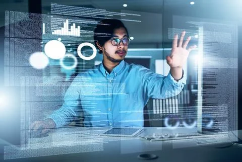 Man, data scientist and programming code in typing for innovation or web 写真素材