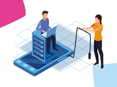Man on data server and smartphone device and woman standing Illustrazione stock