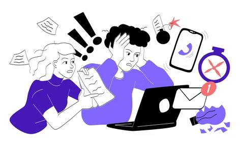 Man with deadline pressure. Young guy at laptop near notifications, boss and Stock Illustration
