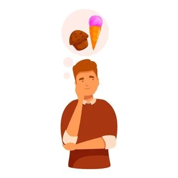 Man is deciding between a cupcake and ice cream, struggling with a difficult Stockillustratie