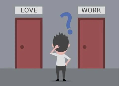 Man deciding between love and work Illustrazione stock