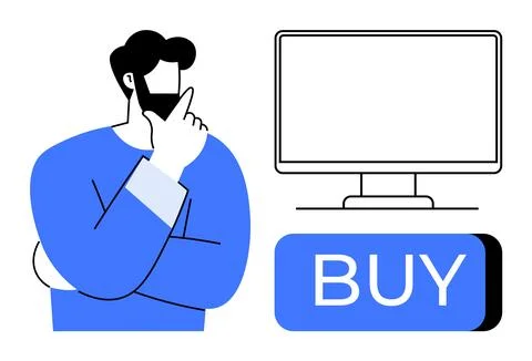 Man deciding to make an online purchase while standing next to computer scr.. Illustrazione stock