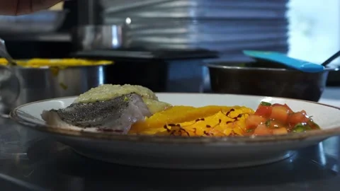 A man decorates a dish with microgreens before serving in a restaurant kitchen Vidéo 141030981