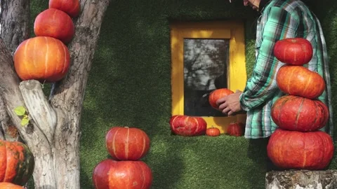 The man decorates the house with pumpkins. Stockbeeldmateriaal 141707266