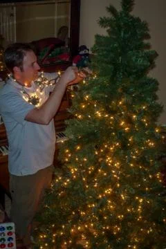 Man Decorating Christmas Tree Stock-Fotos