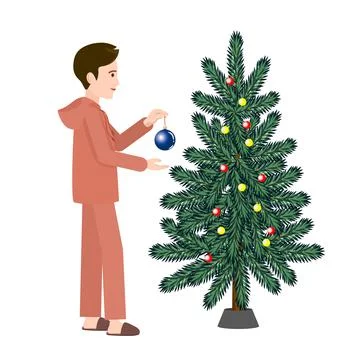 A man is decorating a Christmas tree. Preparing for Christmas. Stock Illustration