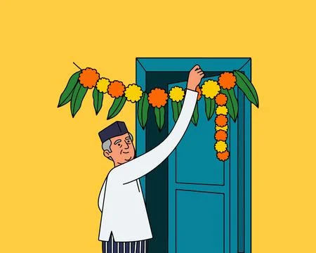 Man Decorating Door with Garland Stock Illustration