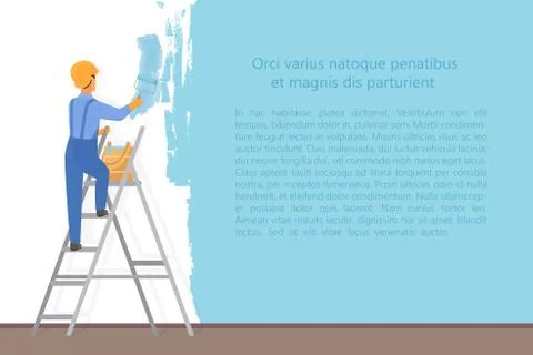 Man decorator painter with a paint roller painting a color wall. Upgrade and Stock Illustration